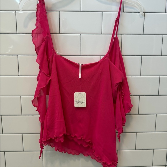Free People Pink Ruffle Mesh Top large - Picture 4 of 6